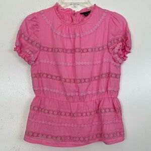 J. Crew Daisy Chain Peplum Top Pink XXS Crochet Ruffle Trim Blouse Short Sleeves